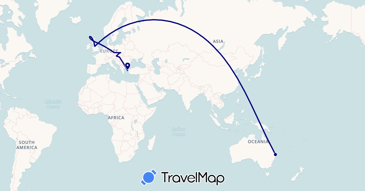 TravelMap itinerary: driving in Austria, Australia, Czech Republic, United Kingdom, Greece, Hungary, Poland (Europe, Oceania)